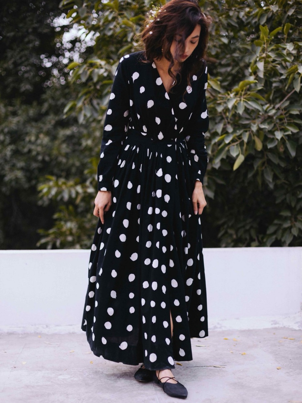 NICOBAR Black and White Polka Dot Long-Sleeve Wrap Dress